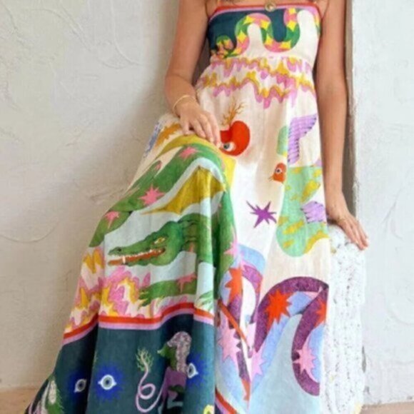 Bohemian A line Unique Print Smocked Back Midi Beach Dress XL - Picture 5 of 16